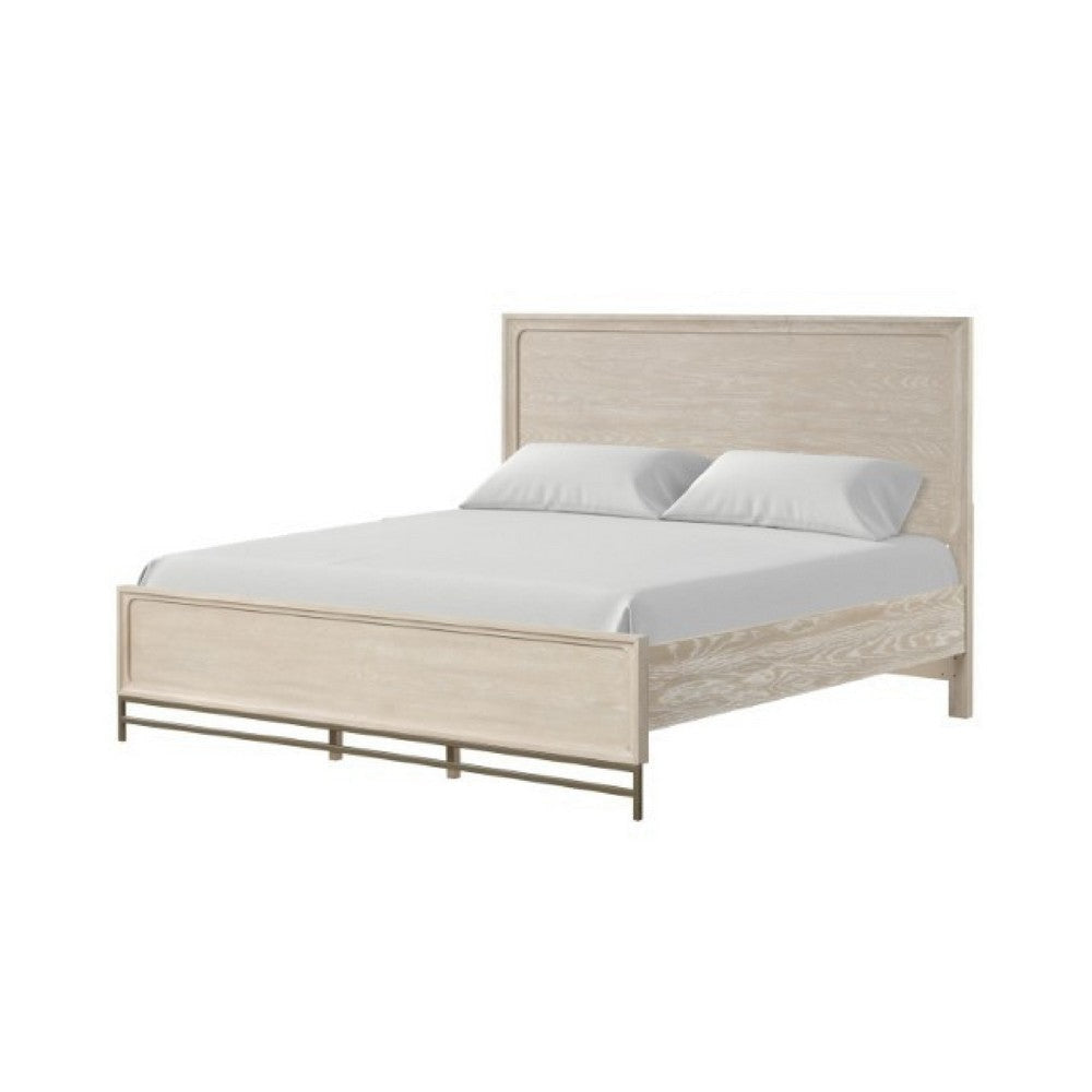 Rozie King Bed with Panel Style Headboard | Metal Legs Light Oak Wood