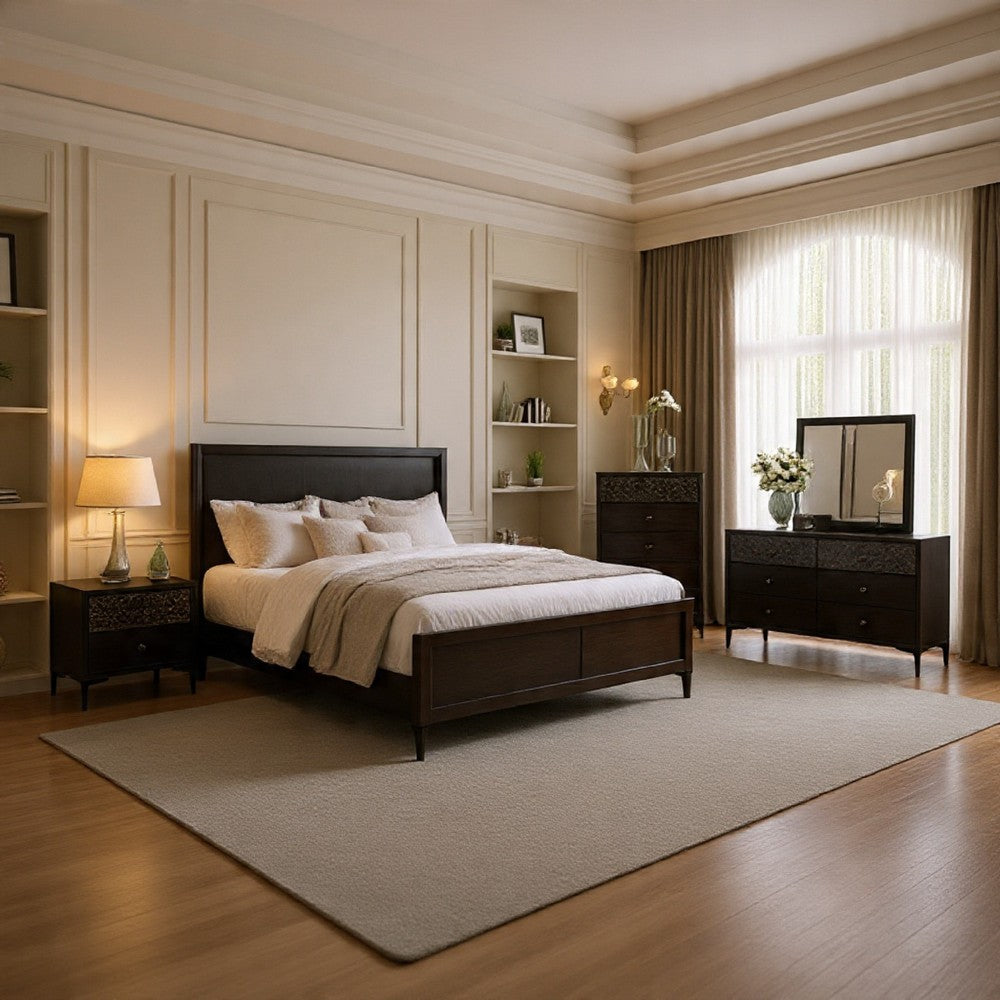 Kaira 5pc Queen Bedroom Set | Chest Nightstand Mirror | Espresso Brown