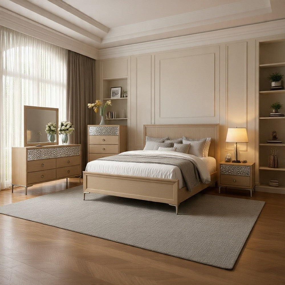 Kaira 4pc Queen Bedroom Set, Dresser Mirror, Natural Oak Brown Wood
