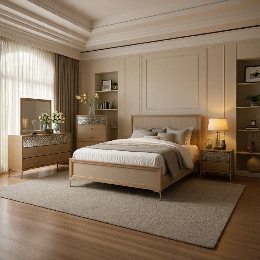 Kaira 4pc Queen Bedroom Set, Dresser Mirror, Natural Oak Brown Wood