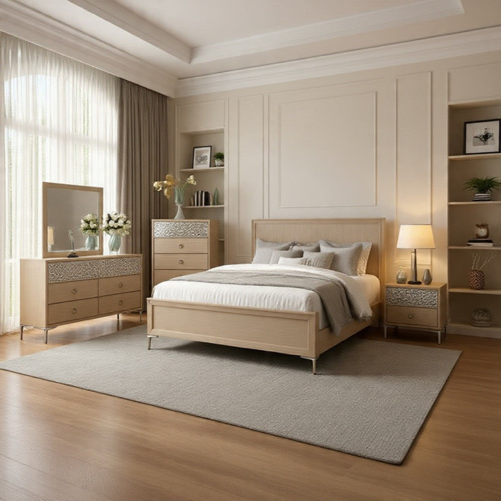 Kaira 5pc Queen Bedroom Set, 2 Nightstands, Natural Oak Brown Wood
