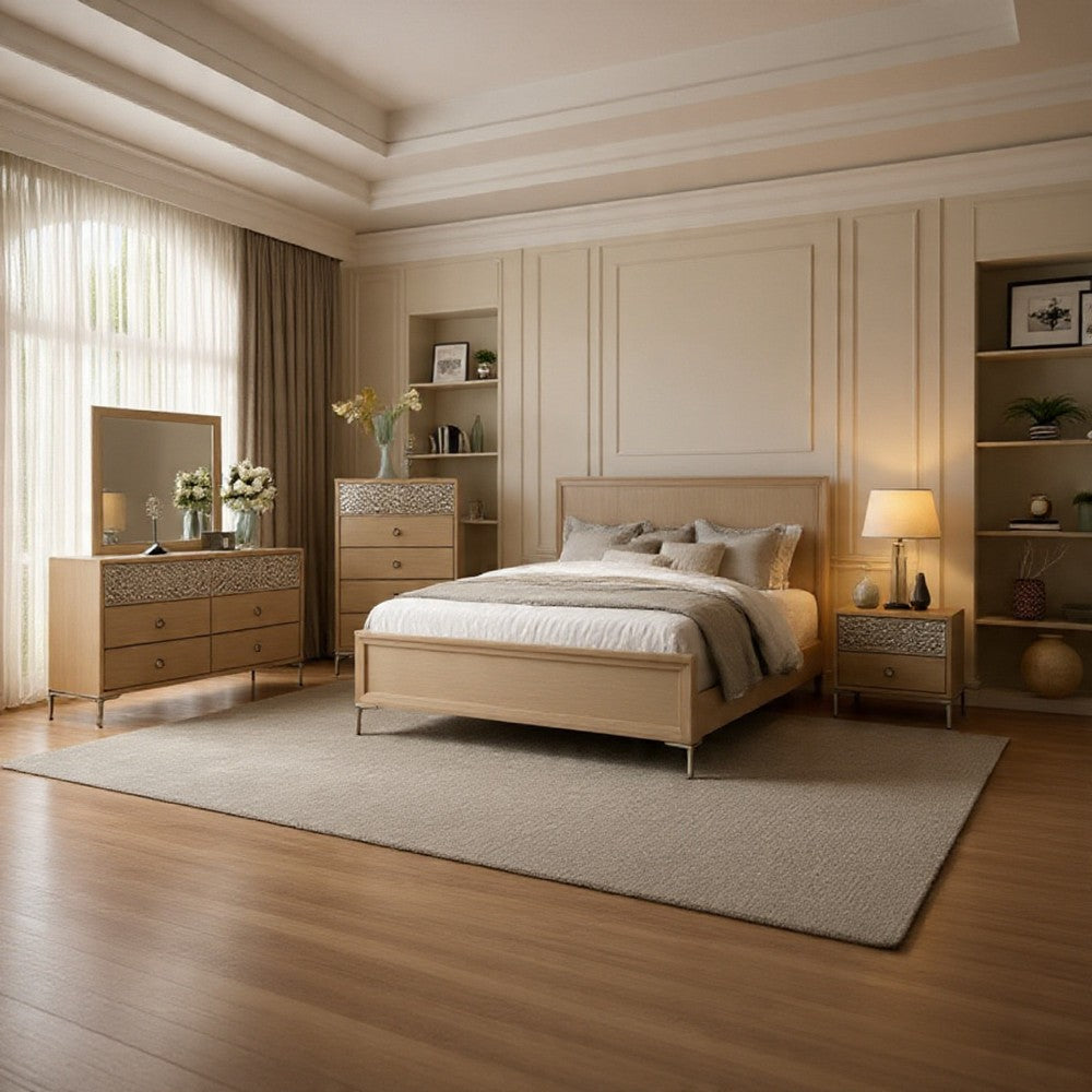 Kaira 5pc Queen Bedroom Set, 2 Nightstands, Natural Oak Brown Wood