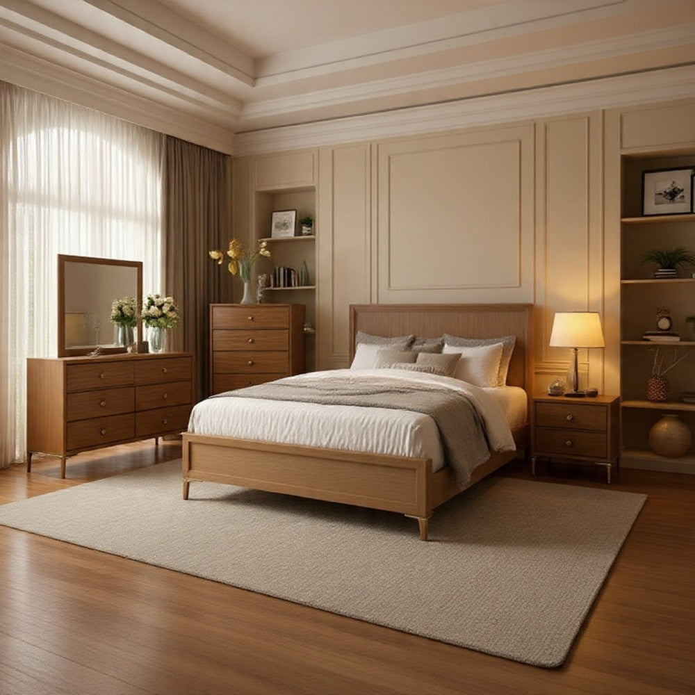 Kaira 5pc Queen Bedroom Set | Chest Dresser Mirror | Natural Oak Brown