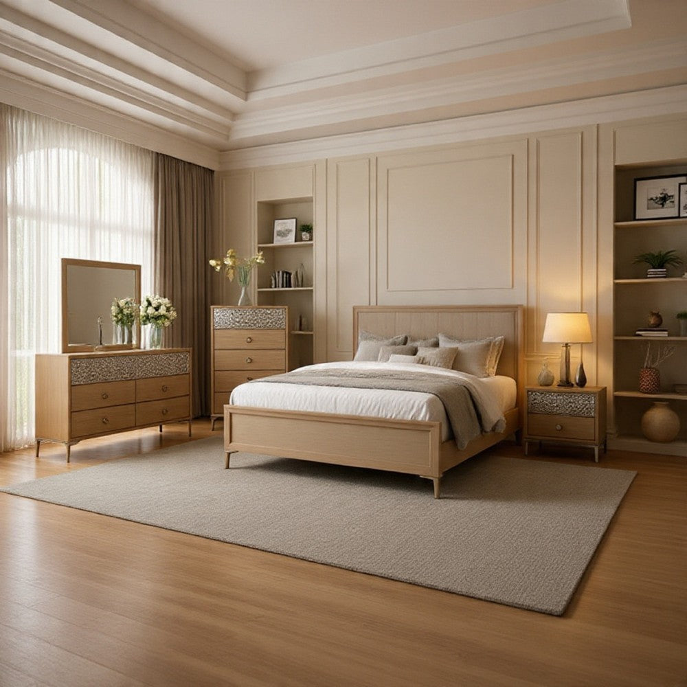 Kaira 5pc Queen Bedroom Set | Chest Dresser Mirror | Natural Oak Brown