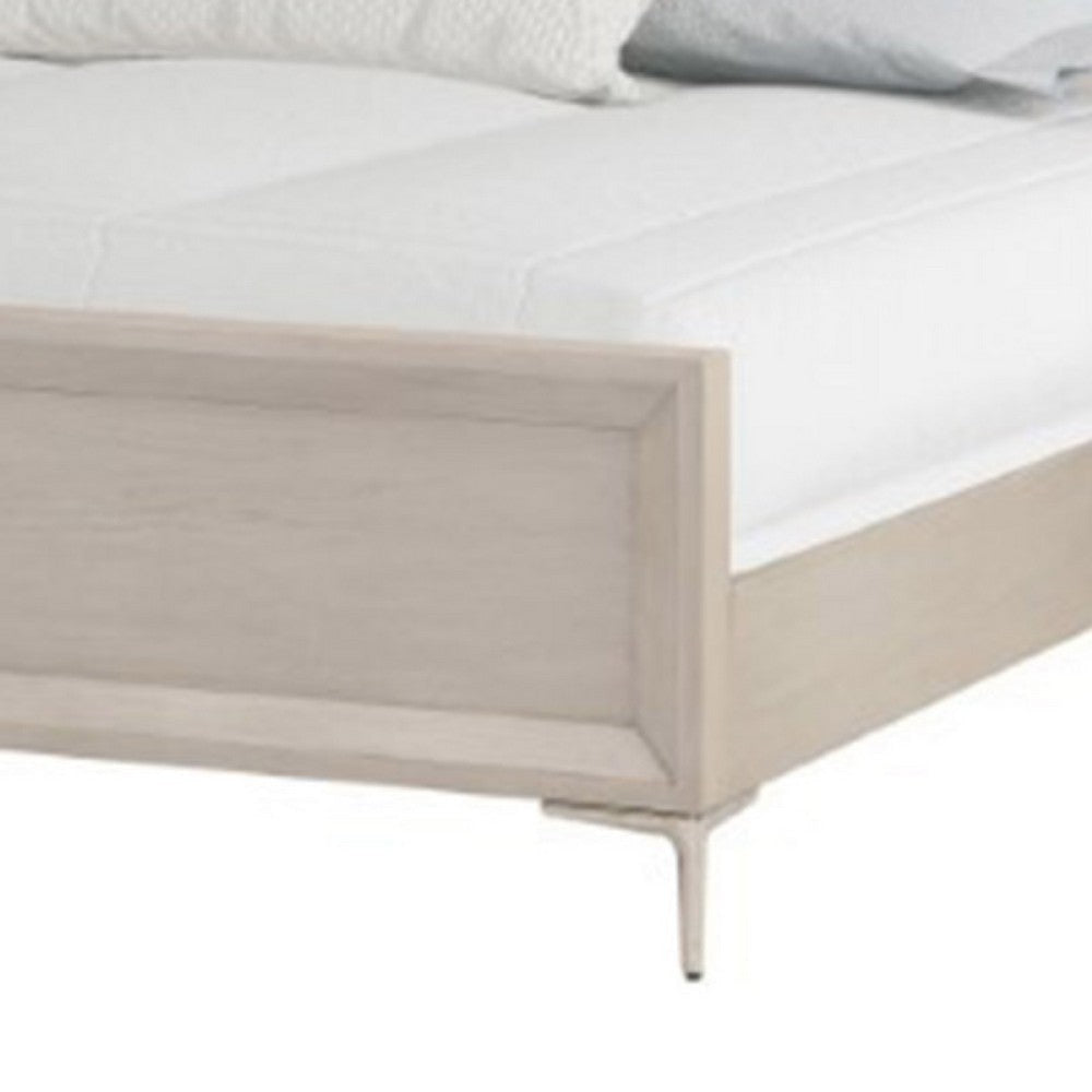 Kaira Queen Size Bed with Metal Accents | Natural Oak Solid Rubberwood
