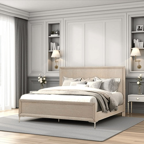 Kaira Queen Size Bed with Metal Accents | Natural Oak Solid Rubberwood