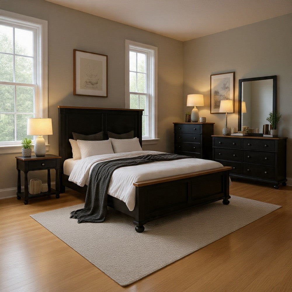 Ginie 4pc Queen Bedroom Set | USB Bedside Table | Black Oak Brown