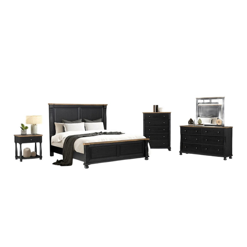 Ginie 4pc Queen Bedroom Set | USB Nightstand | Mirror Black Brown Wood