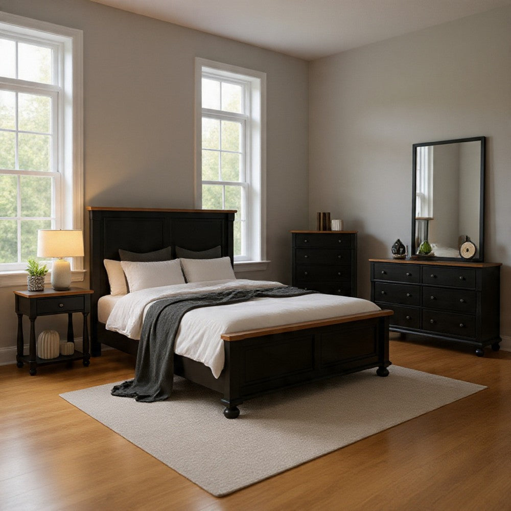 Ginie 5pc Queen Bedroom Set | 2 USB Nightstands | Black Rustic Oak