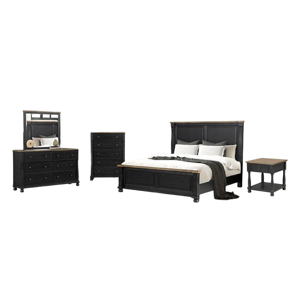 Ginie 5pc Queen Bedroom Set | USB Bedside Table Black Rustic Oak Brown