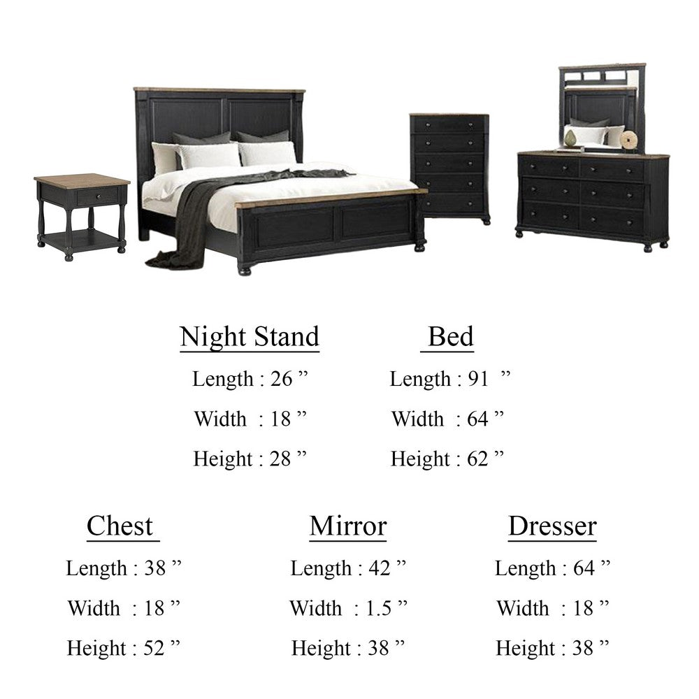 Ginie 5pc Queen Bedroom Set | USB Bedside Table Black Rustic Oak Brown