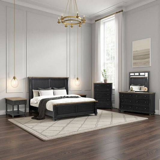 Ginie 5pc Queen Bedroom Set | USB Bedside Table Black Rustic Oak Brown
