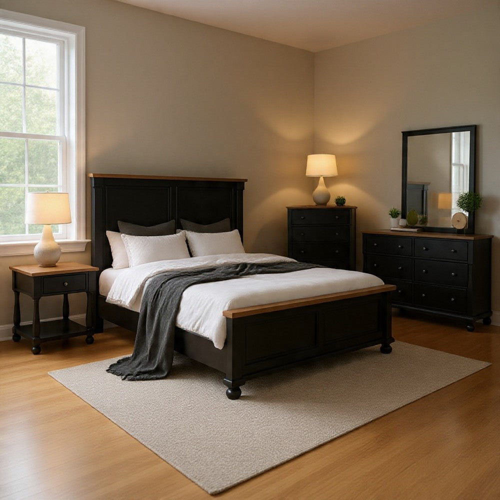 Ginie 5pc Queen Bedroom Set | USB Bedside Table Black Rustic Oak Brown