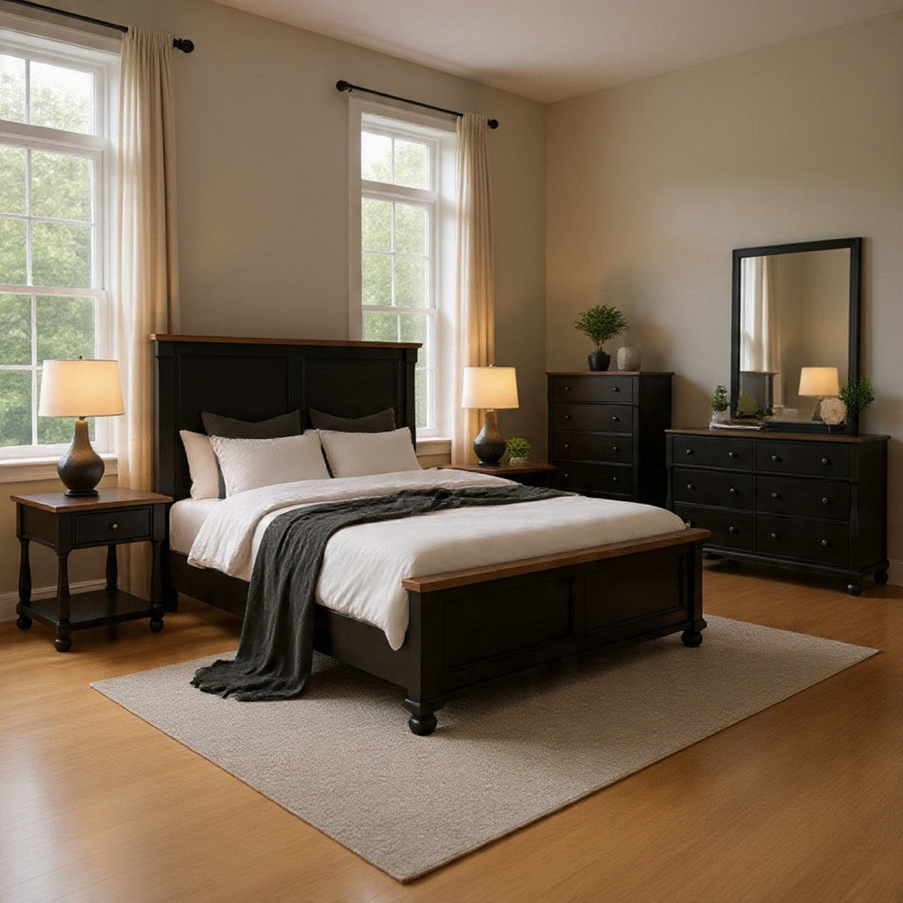 Ginie 5pc Queen Bedroom Set | USB Bedside Table Black Rustic Oak Brown