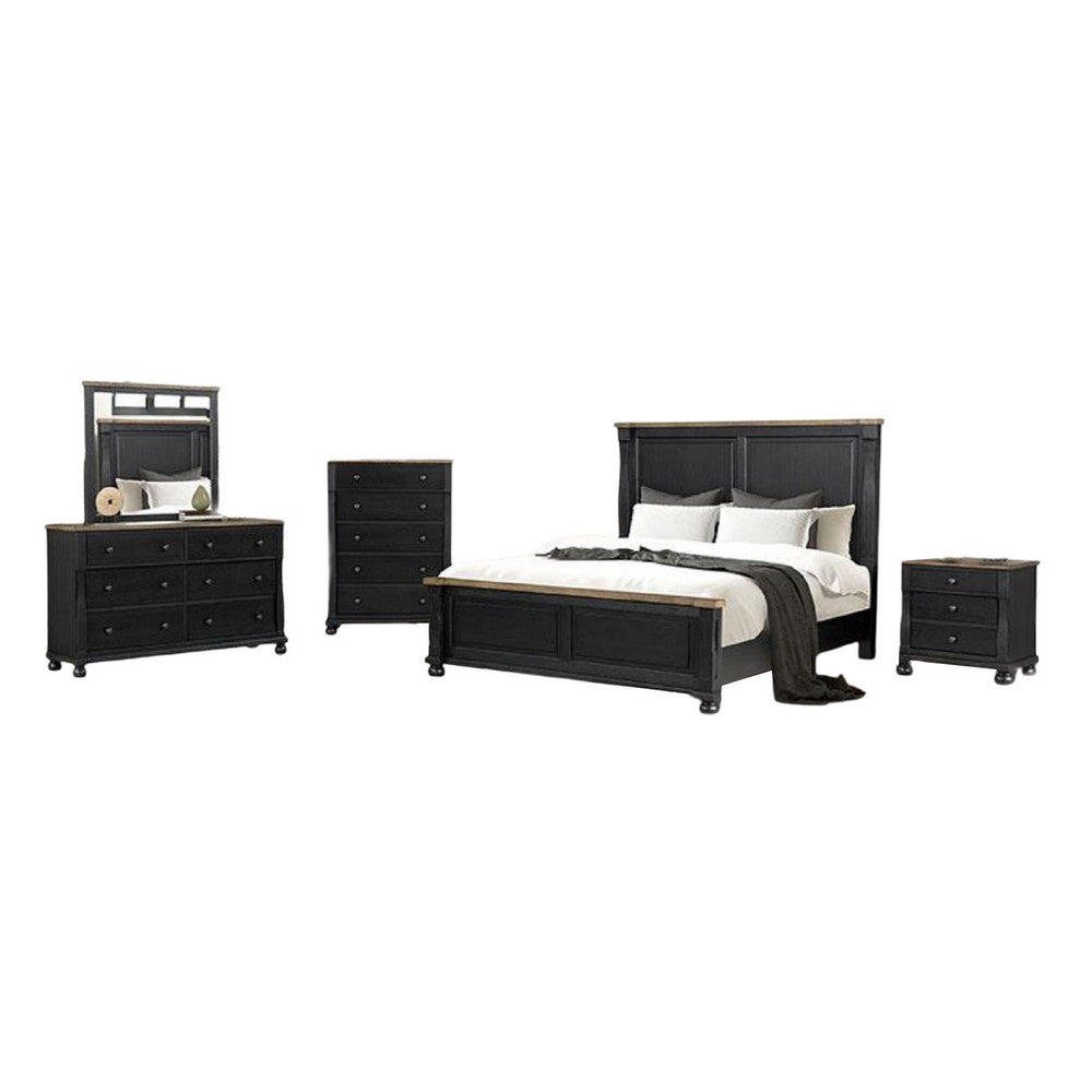 Ginie 5pc Queen Bedroom Set | USB Nightstand | Black Rustic Oak Brown