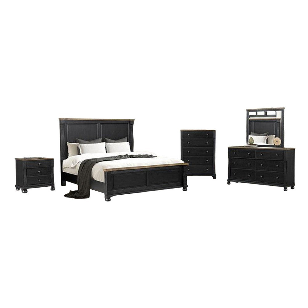 Ginie 5pc Queen Bedroom Set | USB Nightstand | Black Rustic Oak Brown