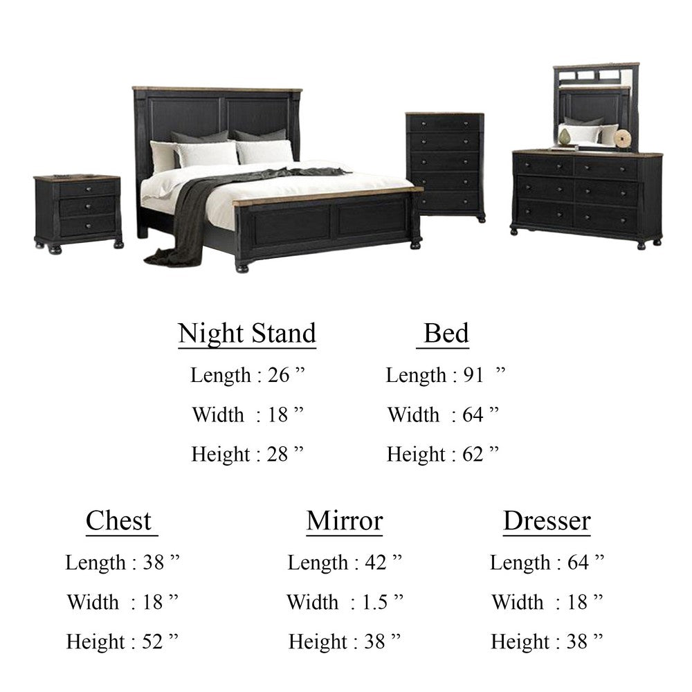 Ginie 5pc Queen Bedroom Set | USB Nightstand | Black Rustic Oak Brown