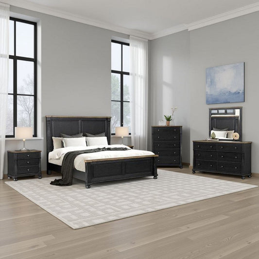 Ginie 5pc Queen Bedroom Set | USB Nightstand | Black Rustic Oak Brown