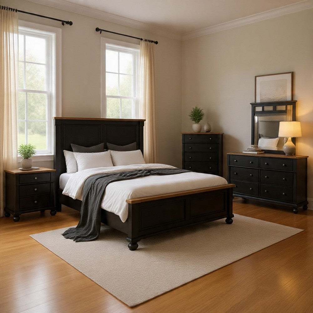 Ginie 5pc Queen Bedroom Set | USB Nightstand | Black Rustic Oak Brown