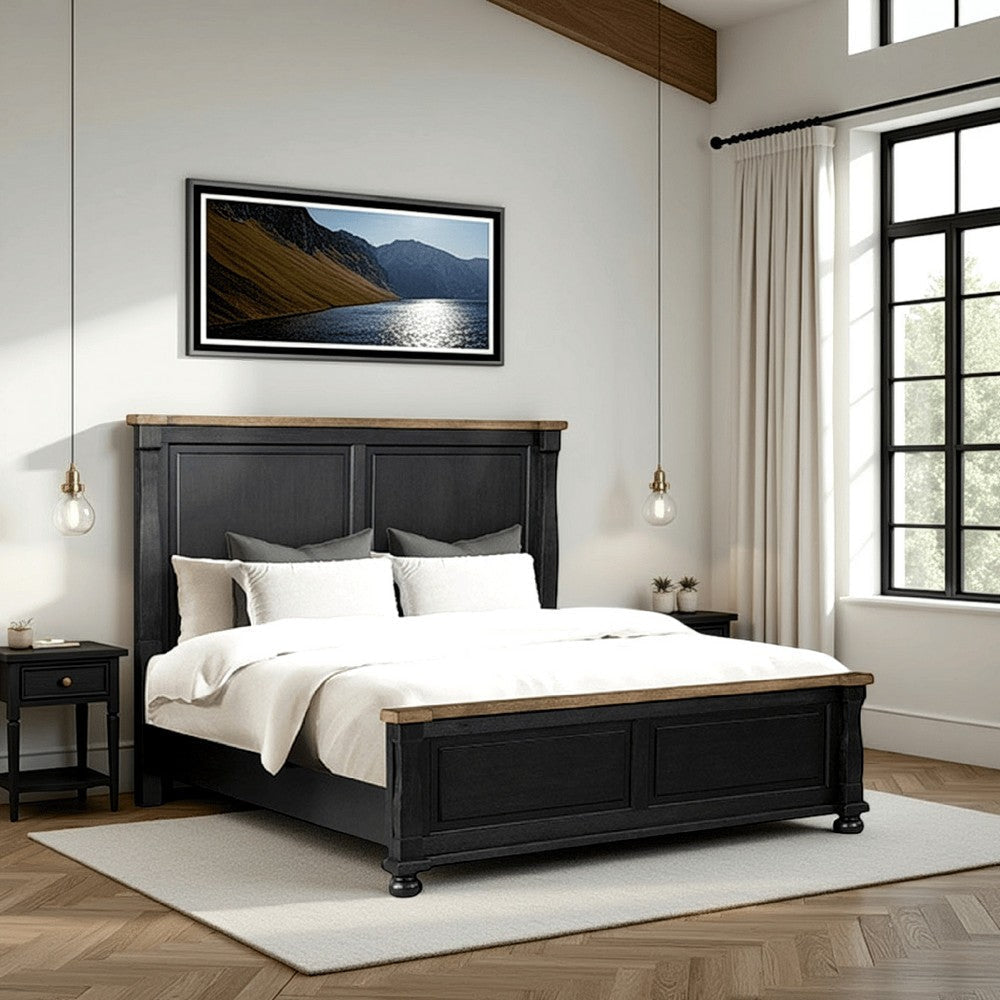 Ginie Queen Bed | Tall Headboard | Farmhouse | Black, Oak Brown Wood