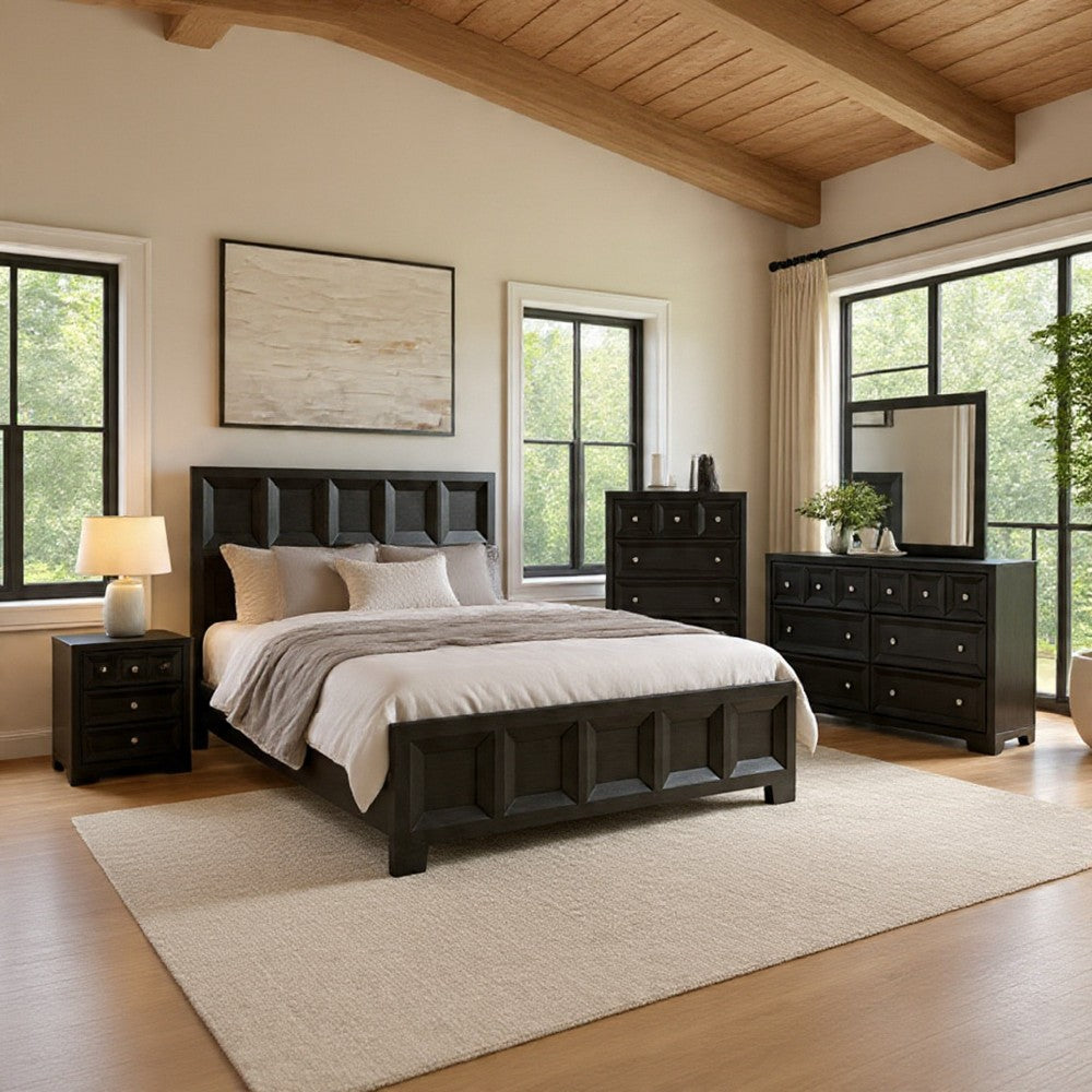 Kizie 4pc Queen Bedroom Set, Rustic Black, Dresser Mirror Nightstand