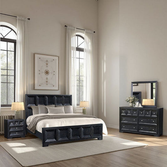 Kizie 4pc Queen Bedroom Set, Rustic Black, Dresser Mirror Nightstand