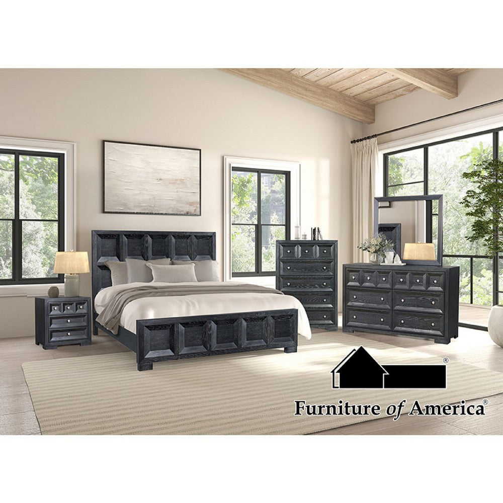 Kizie 4pc Queen Bedroom Set, Rustic Black, Dresser Mirror Nightstand
