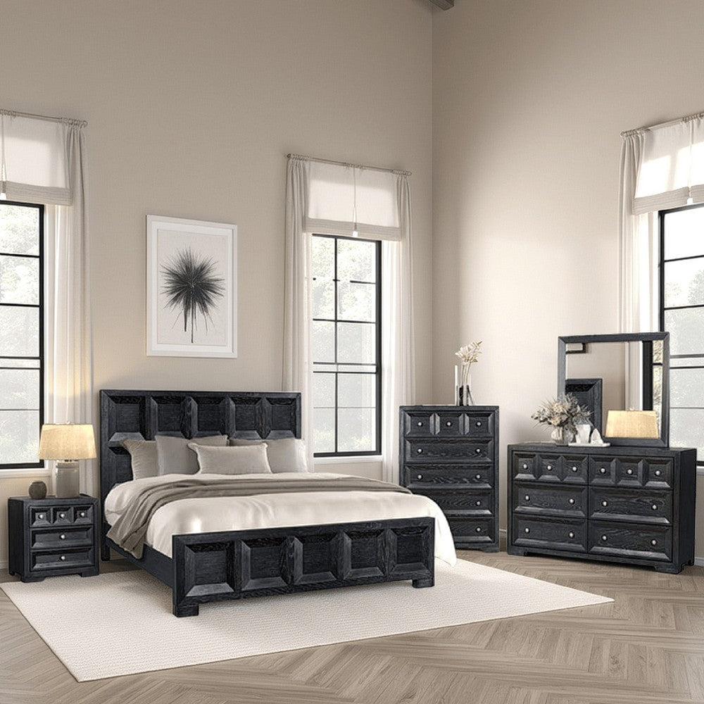 Kizie 4pc Queen Bedroom Set, Rustic Black Dresser Mirror XL Nightstand Kizie 4pc Queen Bedroom Set, Rustic Black Dresser Mirror XL Nightstand