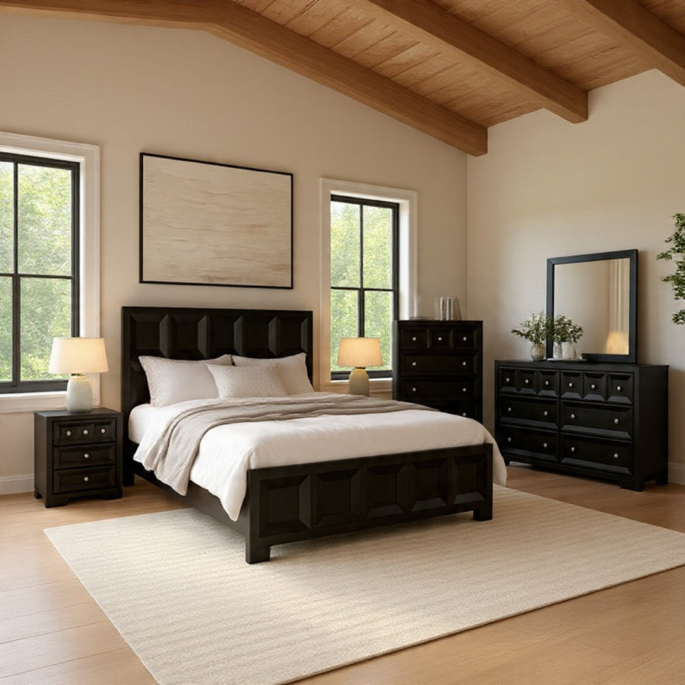 Kizie 4pc Queen Bedroom Set, Rustic Black Dresser Mirror XL Nightstand
