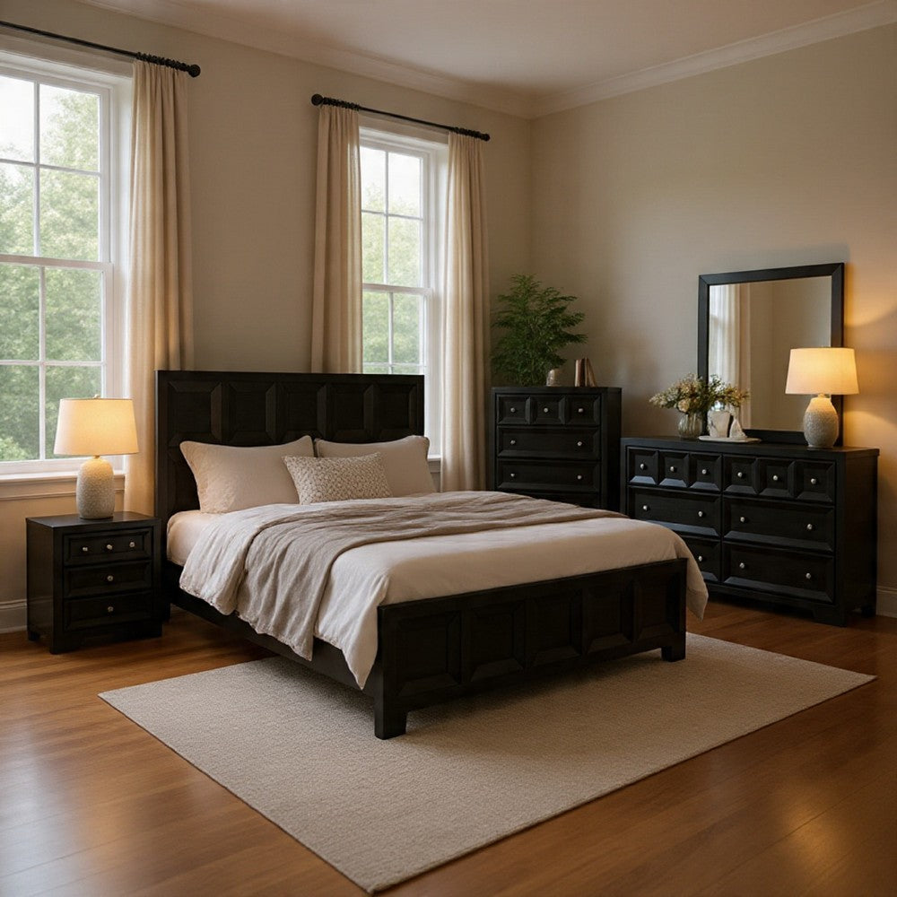 Kizie 5pc Queen Bedroom Set, Recessed Panel, Weathered Black Wood