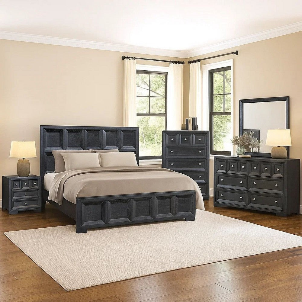 Kizie 5pc Queen Bedroom Set, Recessed Panel, Weathered Black Wood