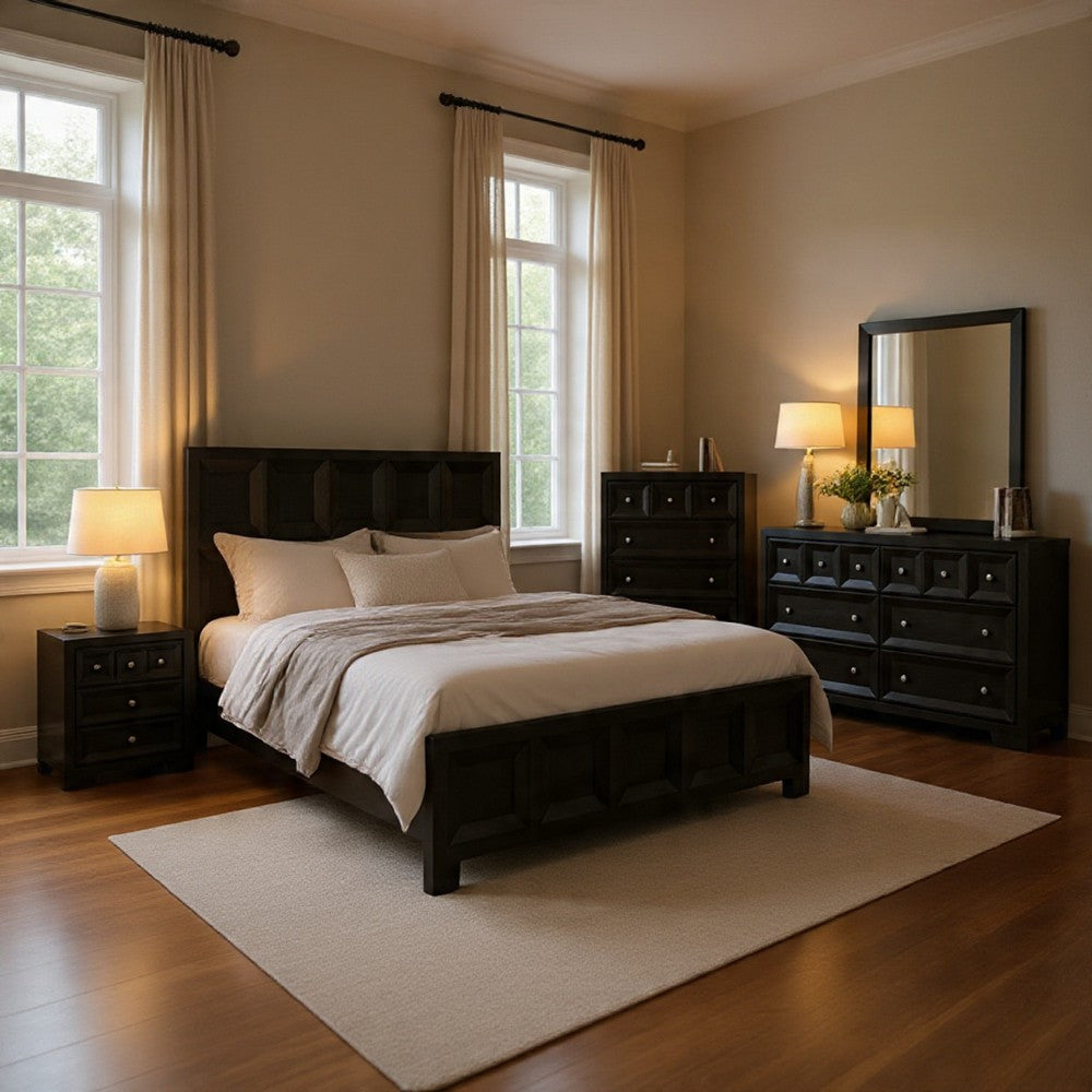 Kizie 5pc Queen Bedroom Set, Recessed Panel, Weathered Black Wood