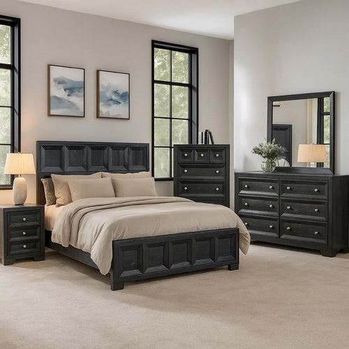 Kizie 5pc Queen Bedroom Set, Recessed Panel, Weathered Black Wood