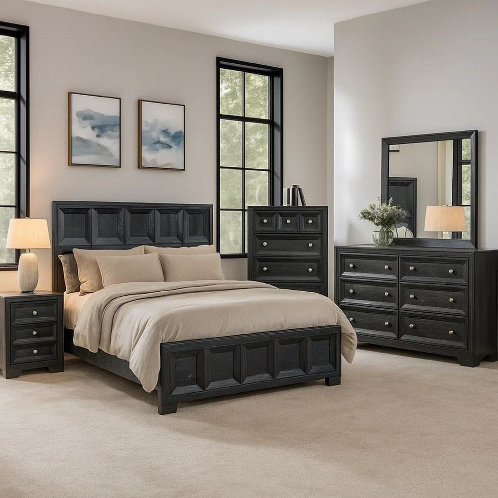 Kizie 5pc Queen Bedroom Set, Recessed Panel, Weathered Black Wood