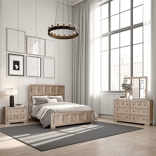 Kizie 5pc Queen Bedroom Set, 2 XL Nightstands, Dresser Mirror, Beige