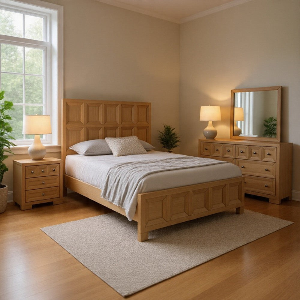 Kizie 5pc Queen Bedroom Set, 2 XL Nightstands, Dresser Mirror, Beige