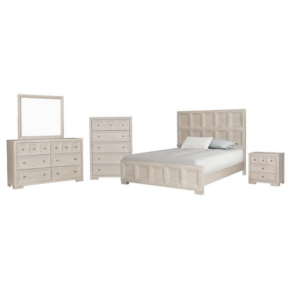 Kizie 5pc Queen Bedroom Set, 2 Nightstands, Dresser Mirror, Beige Wood