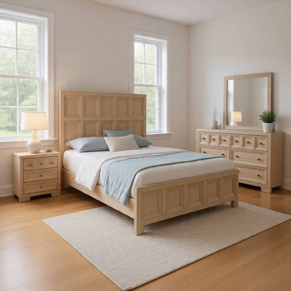 Kizie 5pc Queen Bedroom Set, 2 Nightstands, Dresser Mirror, Beige Wood