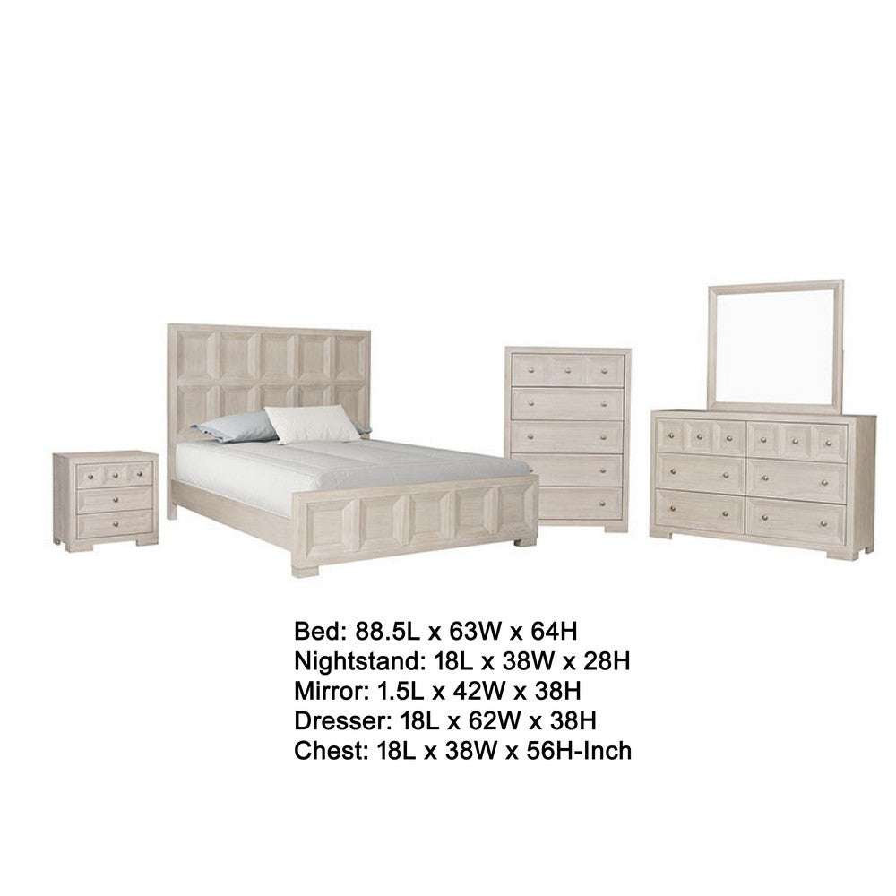Kizie 5pc Queen Bedroom Set, XL Nightstand, Chest, Dresser, Beige Wood