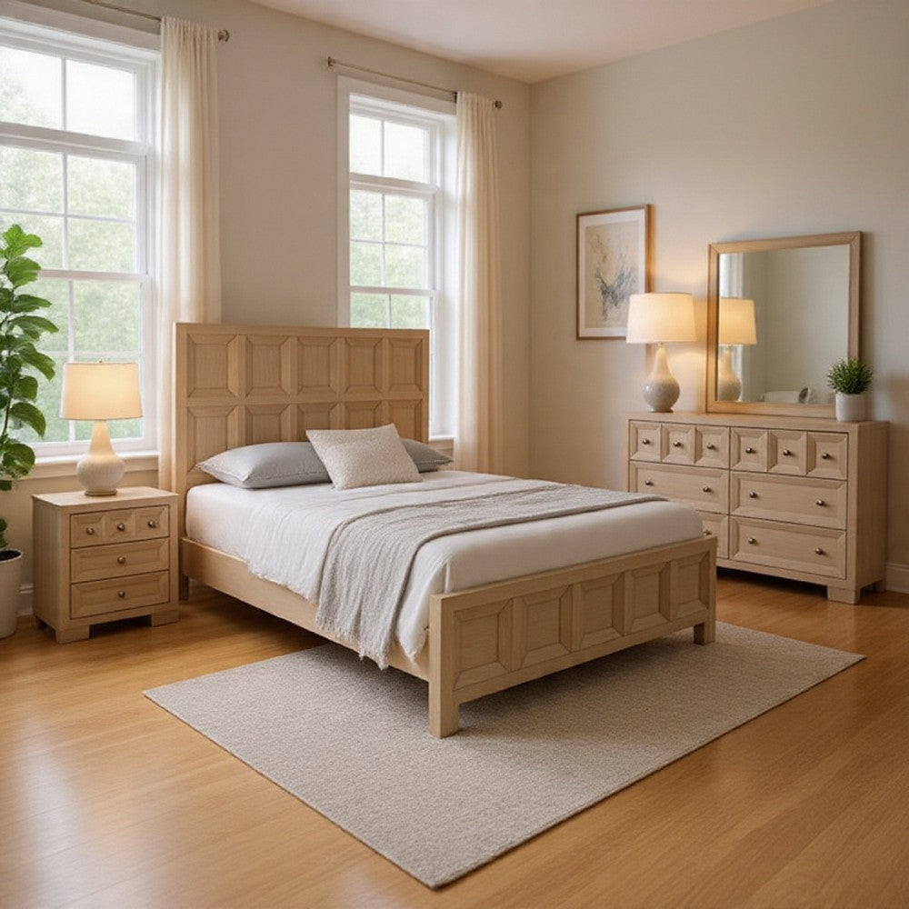 Kizie 5pc Queen Bedroom Set, XL Nightstand, Chest, Dresser, Beige Wood