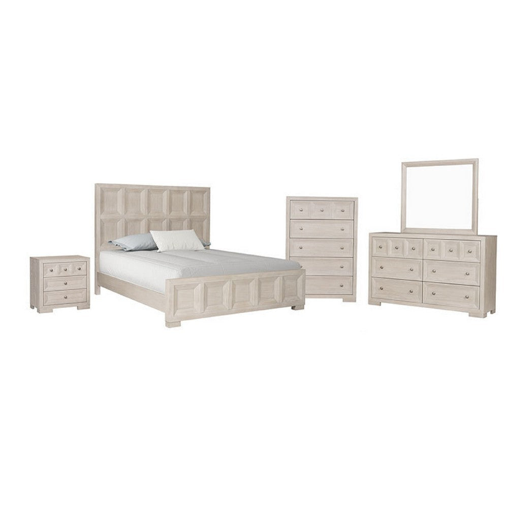 Kizie 5pc Queen Bedroom Set, XL Nightstand, Chest, Dresser, Beige Wood