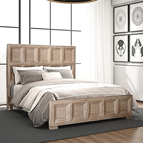 Kizie Queen Size Bed | Modern Classic Recessed Panels | Beige Wood