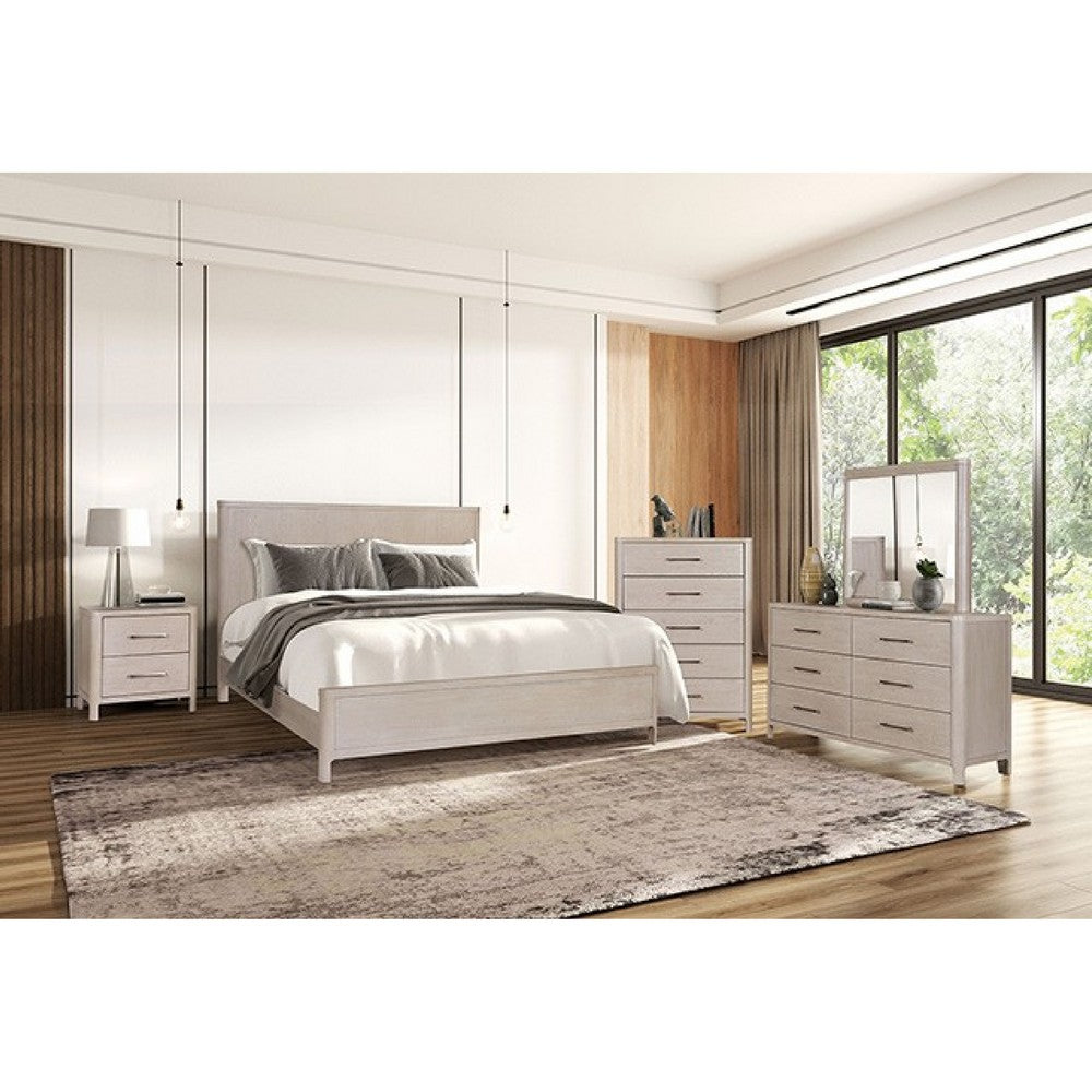 Reham 4pc Queen Bedroom Set, Nightstand, Mirror, White Wash Brown Wood