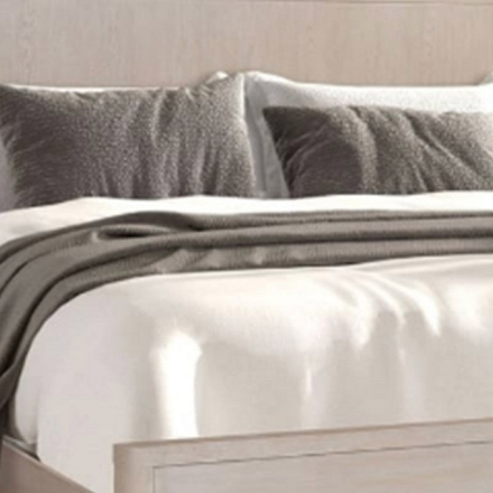 Reham Queen Size Bed | Rounded Edges | White Wash Brown Wood Frame
