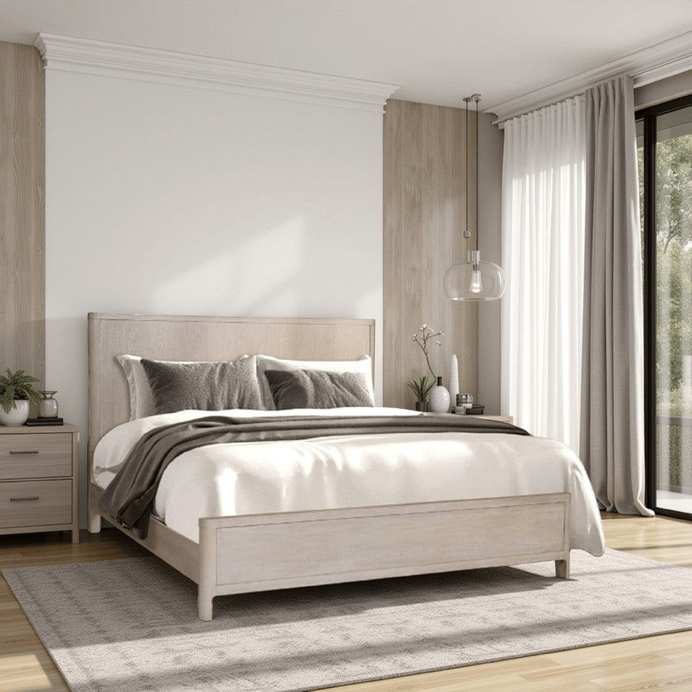 Reham Queen Size Bed | Rounded Edges | White Wash Brown Wood Frame