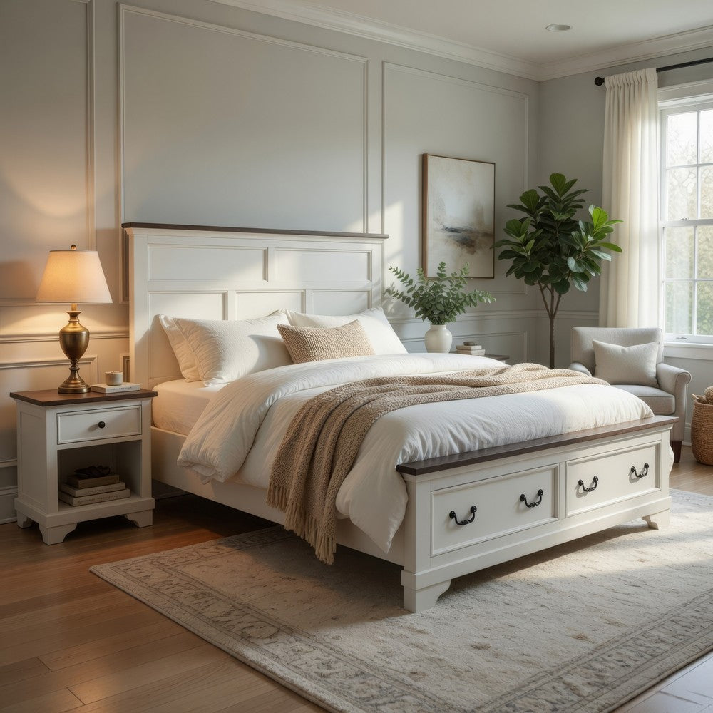 Hamps King Size Bed | 2 Drawers | White and Dark Brown Solid Wood