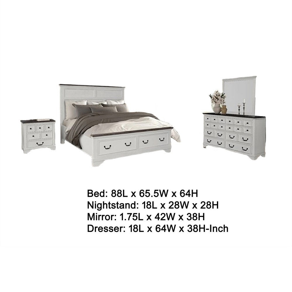 Hamps 4pc Queen Bedroom Set | Nightstand Dresser Mirror | White Brown BM333596