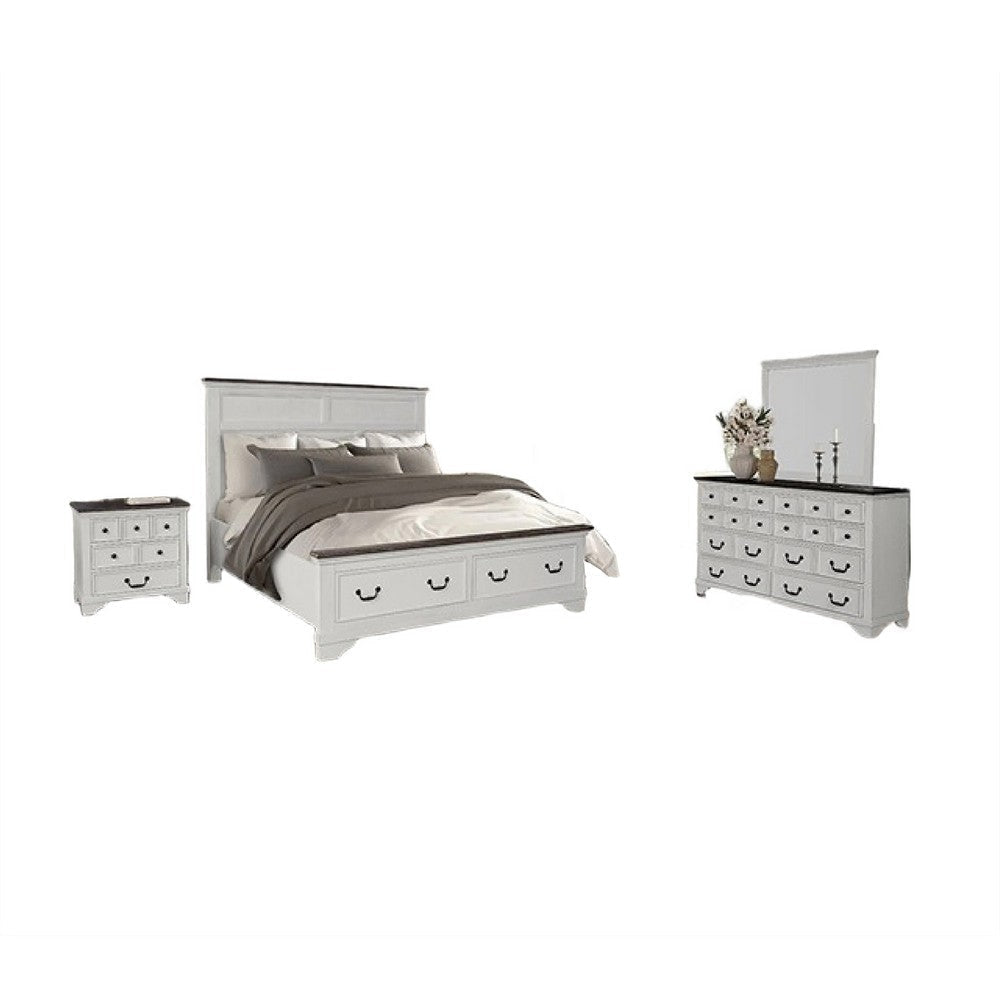 Hamps 4pc Queen Bedroom Set | Nightstand Dresser Mirror | White Brown