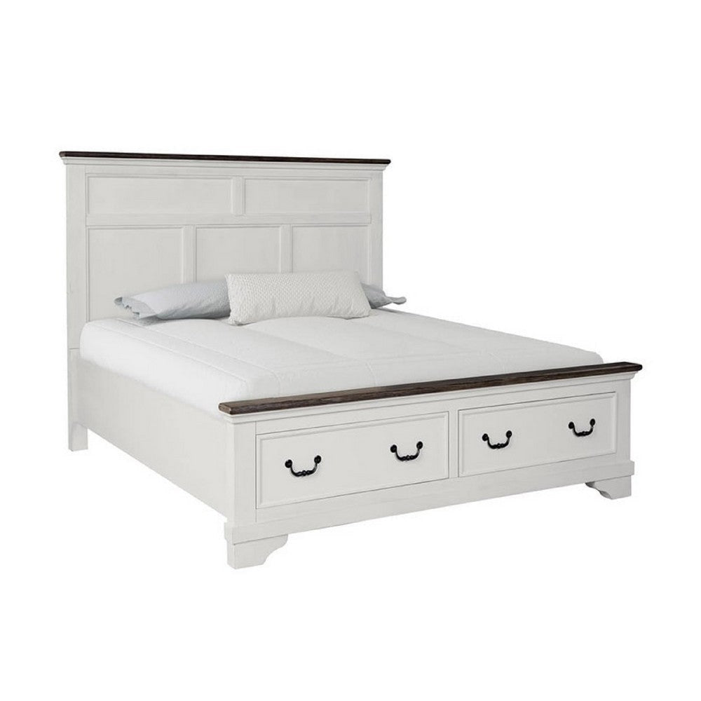 Hamps Queen Size Bed | 2 Drawers | White and Dark Brown Solid Wood