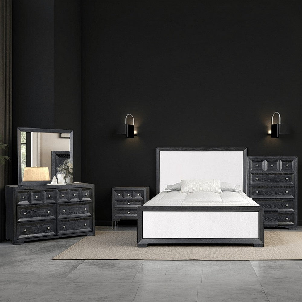 Kizie 4pc Queen Bedroom Set | Beveled Mirror | Nightstand Black White